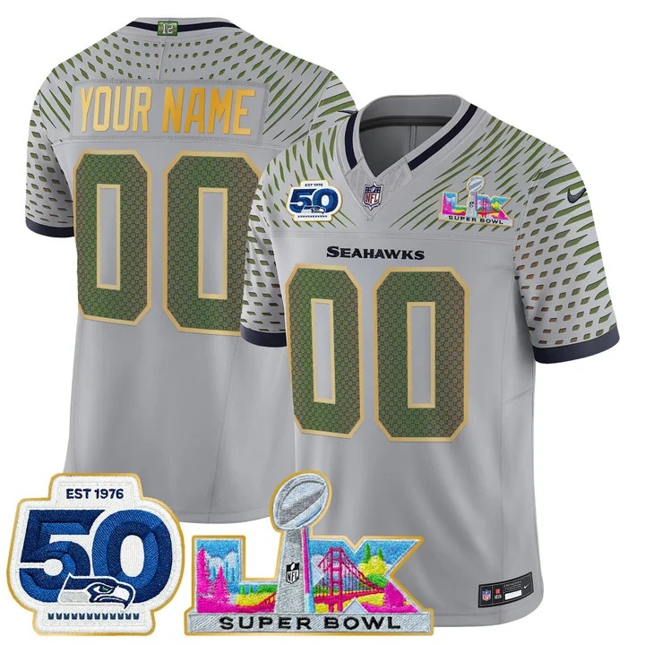 Seattle Seahawks Super Bowl LX 50th Patch Gold Trim Vapor Limited Custom Jersey WOLF GRAY