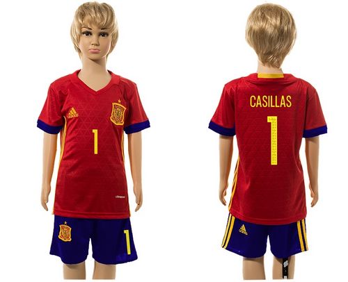 Spain #1 Casillas Red Home Kid Soccer Country Jersey
