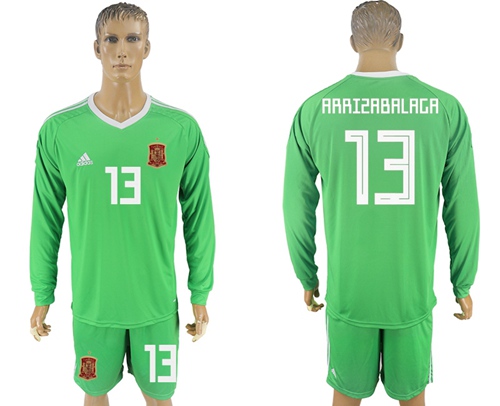 Spain #13 Arrizabalaga Green Long Sleeves Goalkeeper Soccer Country Jersey