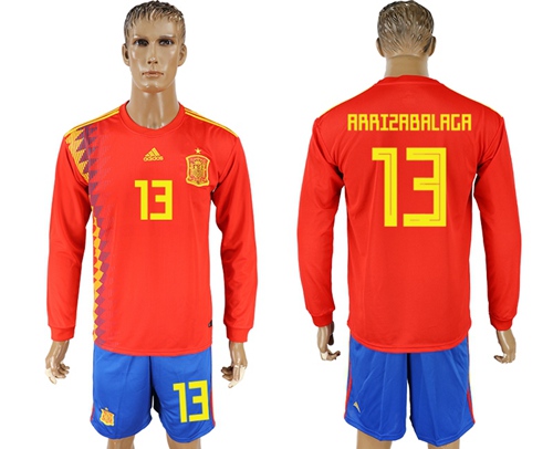 Spain #13 Arrizabalaga Red Home Long Sleeves Soccer Country Jersey