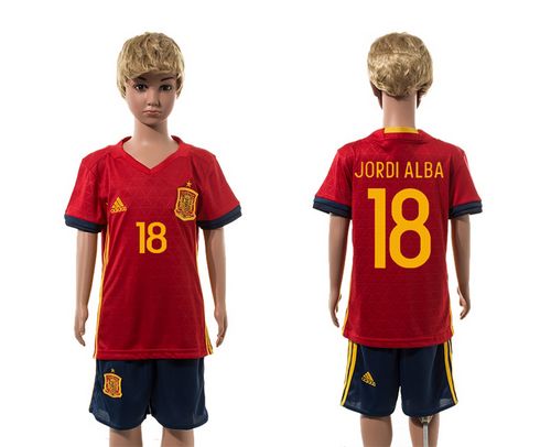 Spain #18 Jordi Alba Red Home Kid Soccer Country Jersey