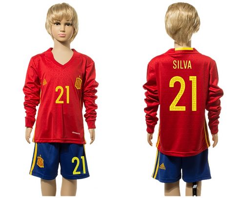 Spain #21 Silva Red Home Long Sleeves Kid Soccer Country Jersey