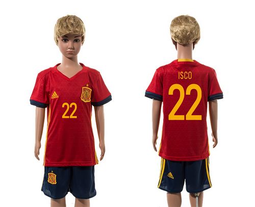 Spain #22 Isco Red Home Kid Soccer Country Jersey