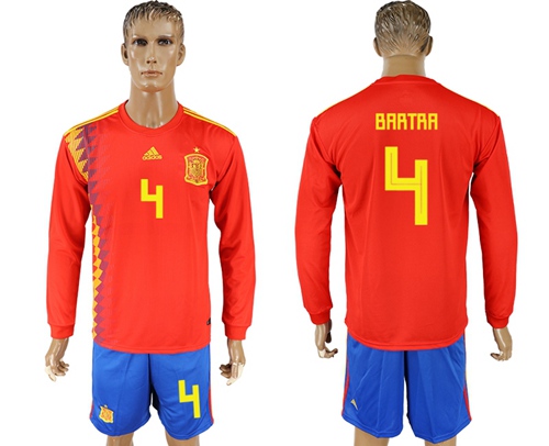 Spain #4 Bartra Red Home Long Sleeves Soccer Country Jersey