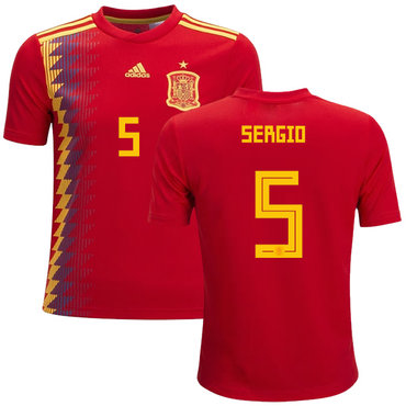 Spain #5 Sergio Red Home Kid Soccer Country Jersey