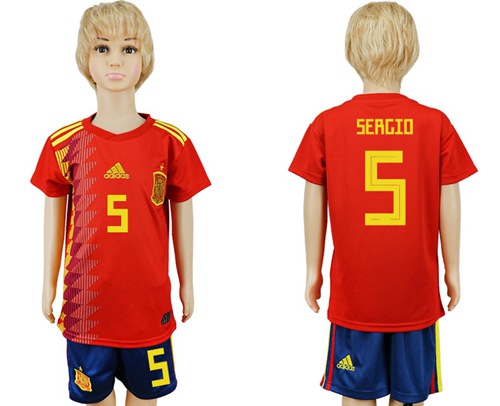 Spain #5 Sergio Red Home Kid Soccer Country Jersey