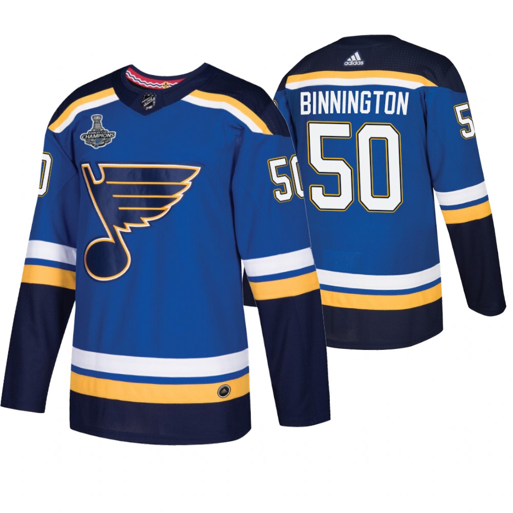 St. Louis Blues Jordan Binnington Royal 2019 Stanley Cup Champions Men's Jersey