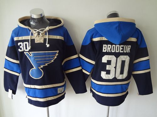 St Louis Blues #30 Martin Brodeur Navy Blue Sawyer Hooded Sweatshirt Stitched NHL Jersey