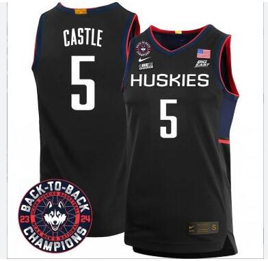 Stephon Castle Jersey #5 UConn Huskies Basketball 2024 Back To Back Champions Patch Black