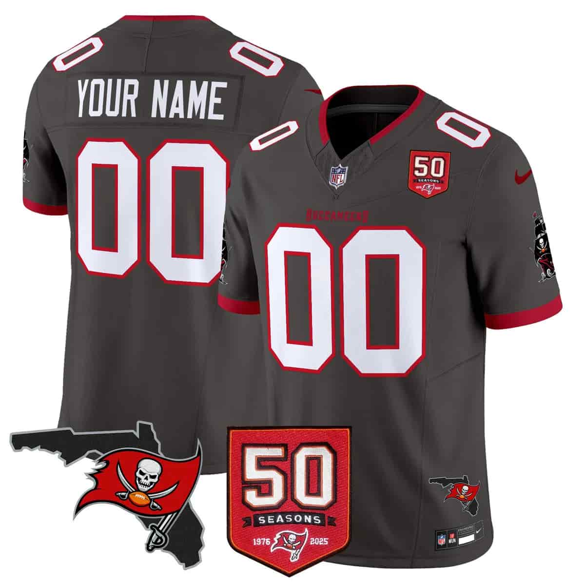 Tampa Bay Buccaneers Throwback 50th Season Patch Vapor Limited Custom Jersey - All Stitched Pewter