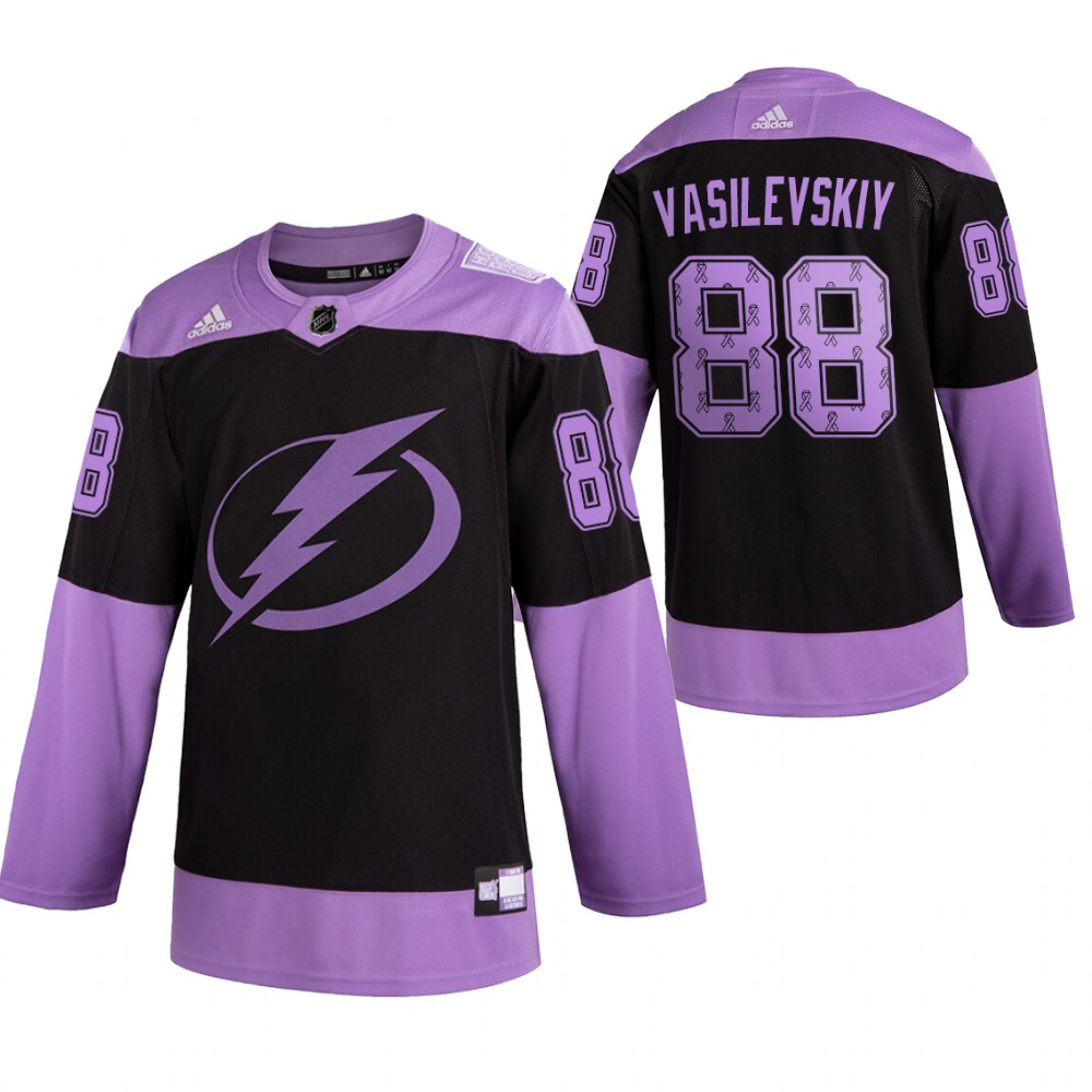 Tampa Bay Lightning 2021 Hockey Fights Cancer Andrei Vasilevskiy Black Purple Jersey Ribbons