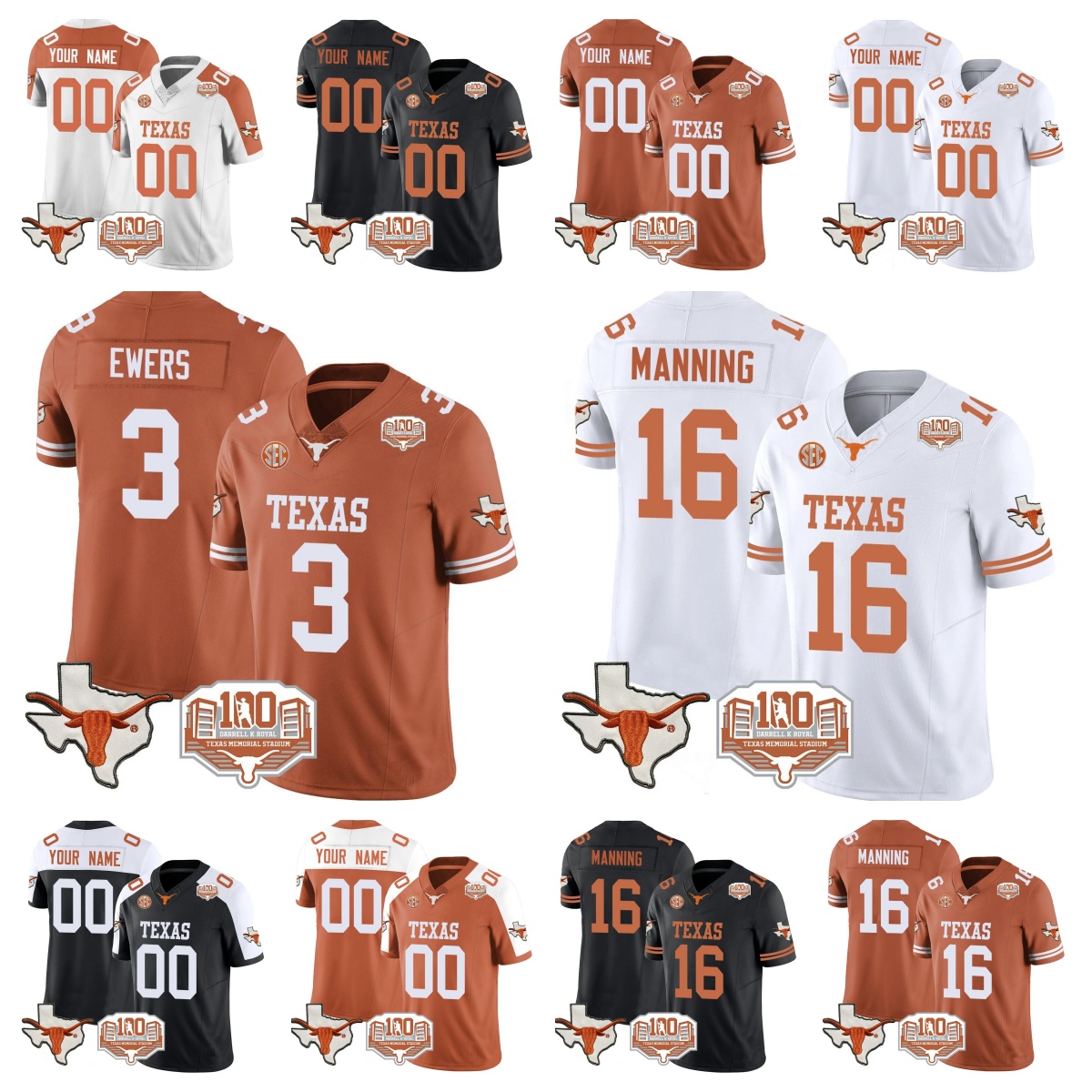 Texas Longhorns 2024 Vapor Football Jersey - 100 years of Darrell K Royal - All Stitched  TEXAS ORANGE #3 QUINN EWERS_副本