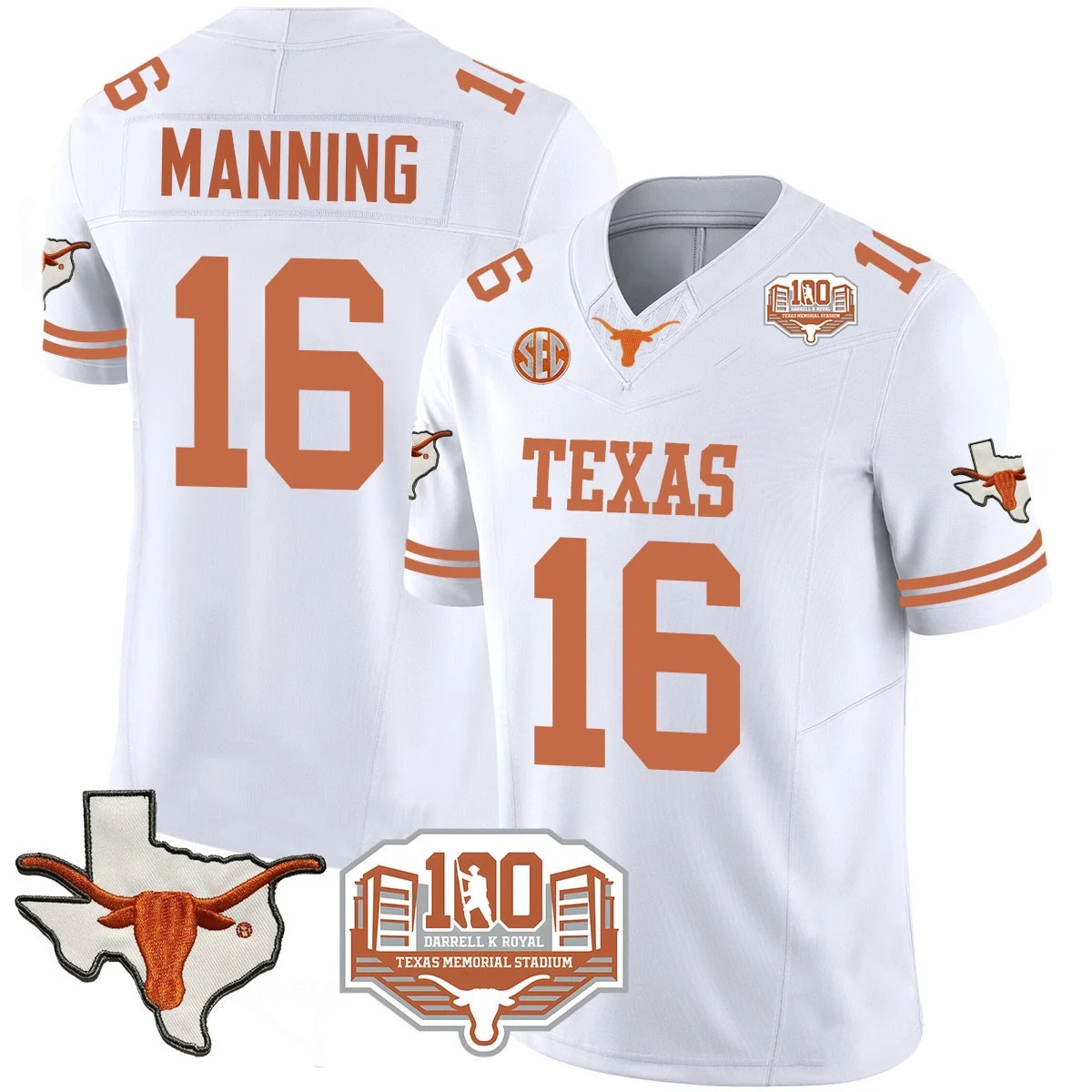 Texas Longhorns 2024 Vapor Football Jersey - 100 years of Darrell K Royal - All Stitched  WHITE #16 ARCH MANNING