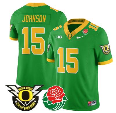 Tez Johnson Jersey #15 Oregon Ducks 2024 Mighty Rose Bowl Patch N2 Green