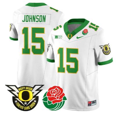 Tez Johnson Jersey #15 Oregon Ducks 2024 Mighty Rose Bowl Patch N2 White
