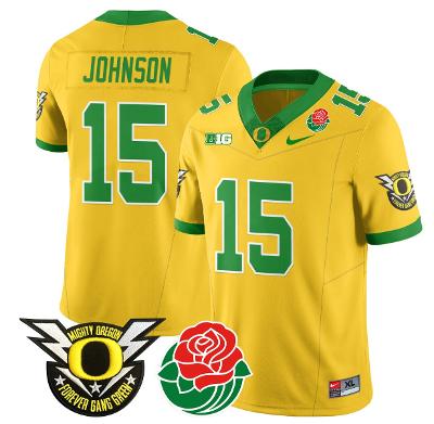 Tez Johnson Jersey #15 Oregon Ducks 2024 Mighty Rose Bowl Patch N2 Yellow