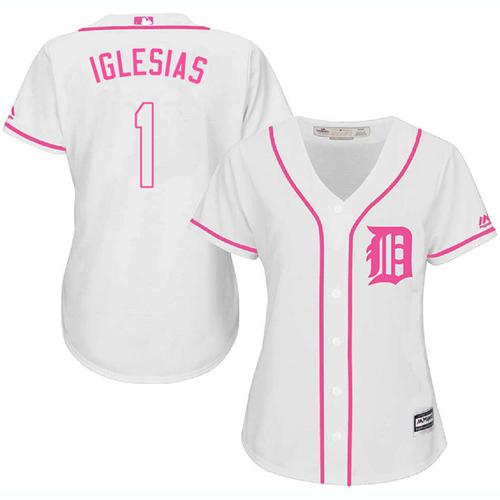 Tigers #1 Jose Iglesias White Pink Fashion Women's Stitched MLB Jersey