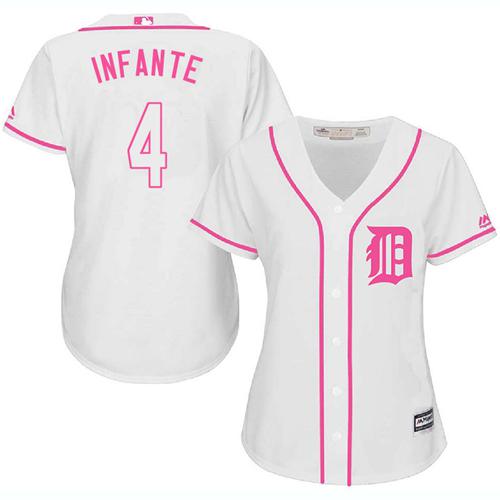 Tigers #4 Omar Infante White Pink Fashion Women's Stitched MLB Jersey