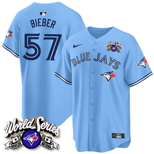 Toronto Blue Jays 2025 American League Champions Jersey light blue #57 Shane Bieber