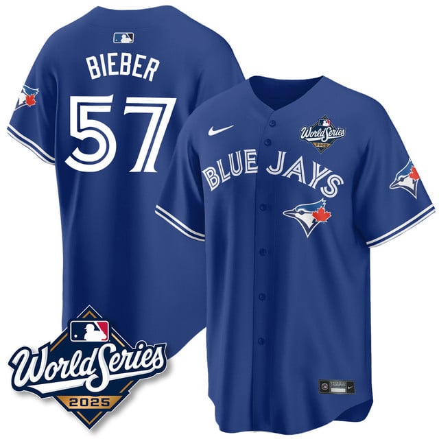 Toronto Blue Jays 2025 World Series Jersey royal #57 Shane Bieber
