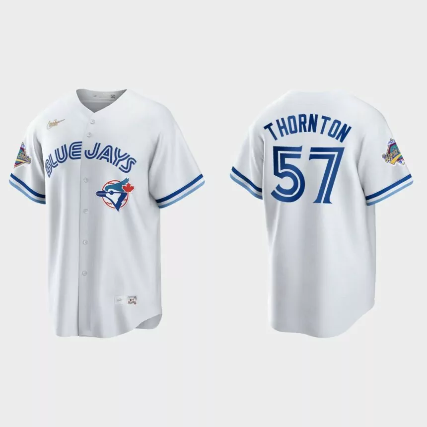 Trent Thornton Toronto Blue Jays 1992 World Series Patch Cooperstown Jersey – White