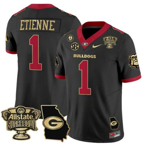 Trevor Etienne Jersey #1 Georgia Bulldogs 2025 Sugar Bowl Patch Black Gold Trim