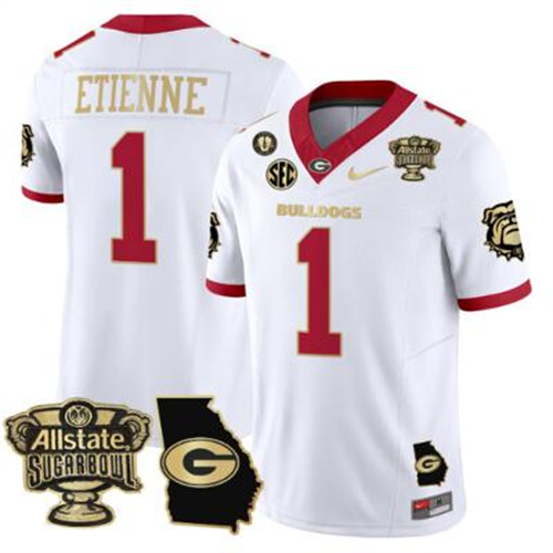 Trevor Etienne Jersey #1 Georgia Bulldogs 2025 Sugar Bowl Patch White Gold Trim