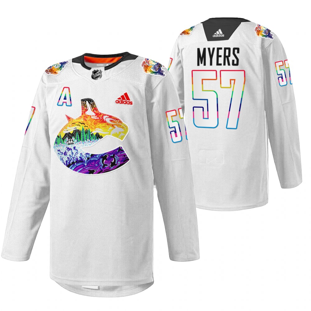 Tyler Myers Canucks Pride Night Jersey White Mio Artwork Warmup
