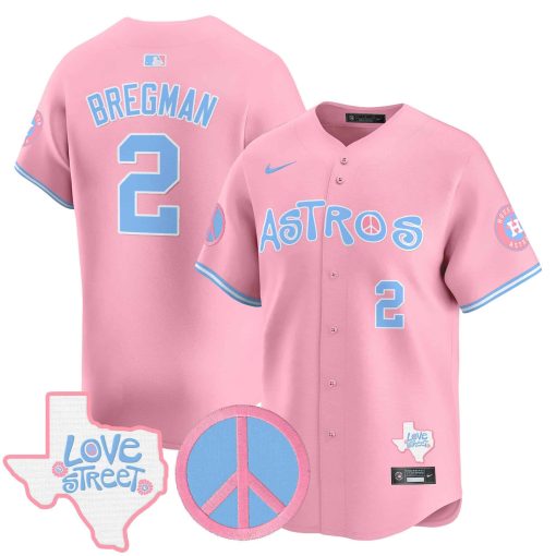 Unisex Astros Love Street & Peace Sign Patch Bubblegum Pink Vapor Premier Limited Jersey #2 BREGMAN