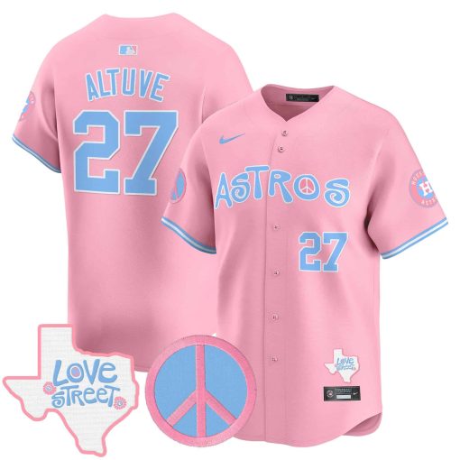 Unisex Astros Love Street & Peace Sign Patch Bubblegum Pink Vapor Premier Limited Jersey #27 ALTUVE