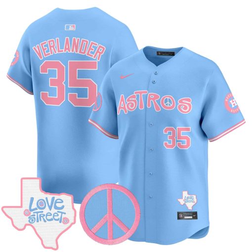 Unisex Astros Love Street & Peace Sign Patch Bubblegum Pink Vapor Premier Limited Jersey BLUE #35 VERLANDER