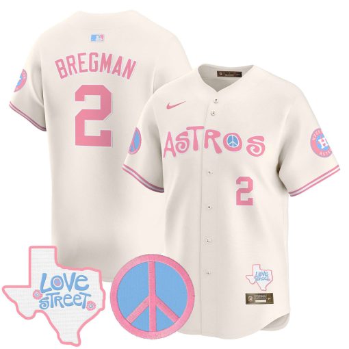 Unisex Astros Love Street & Peace Sign Patch Bubblegum Pink Vapor Premier Limited Jersey CREAM #2 BREGMAN