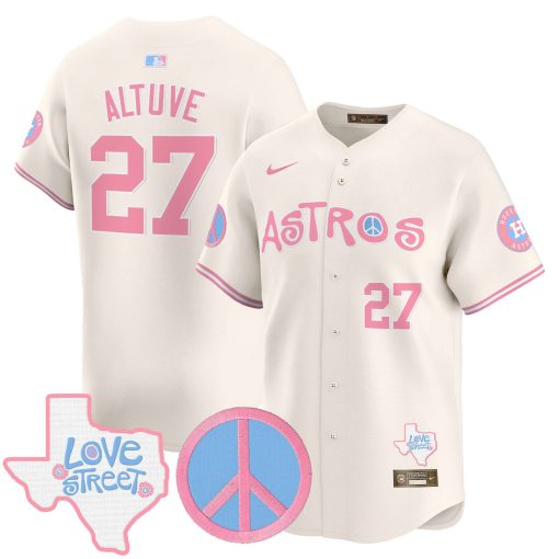 Unisex Astros Love Street & Peace Sign Patch Bubblegum Pink Vapor Premier Limited Jersey CREAM #27 ALTUVE
