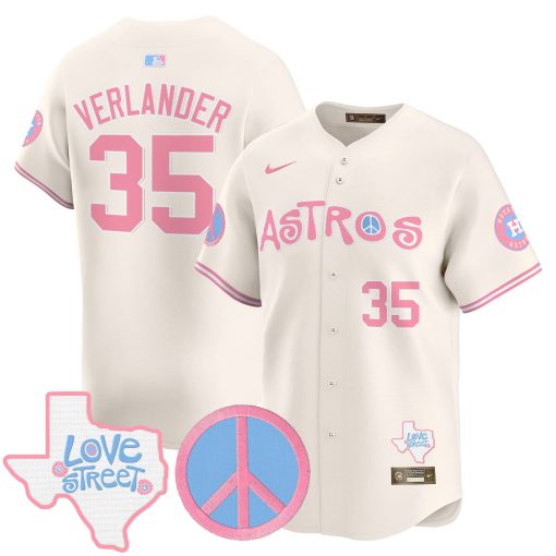 Unisex Astros Love Street & Peace Sign Patch Bubblegum Pink Vapor Premier Limited Jersey CREAM #35 VERLANDER