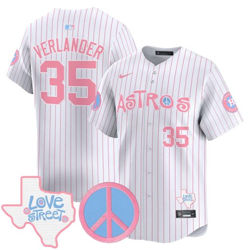 Unisex Astros Love Street & Peace Sign Patch Bubblegum Pink Vapor Premier Limited Jersey WHITE #35 VERLANDER