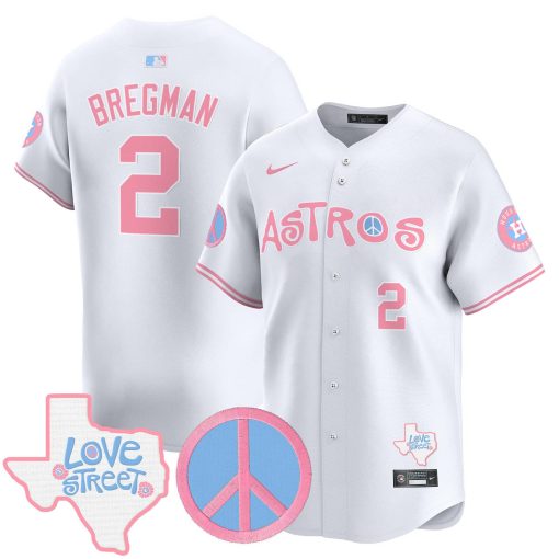 Unisex Astros Love Street & Peace Sign Patch Bubblegum Pink Vapor Premier Limited Jersey WHITE1 #2 BREGMAN