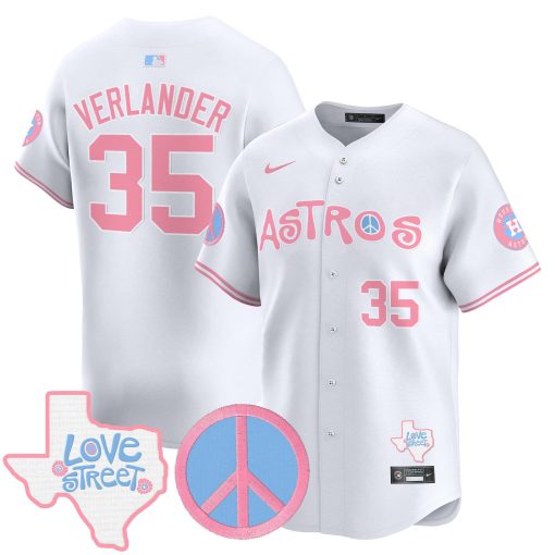Unisex Astros Love Street & Peace Sign Patch Bubblegum Pink Vapor Premier Limited Jersey WHITE1 #35 VERLANDER