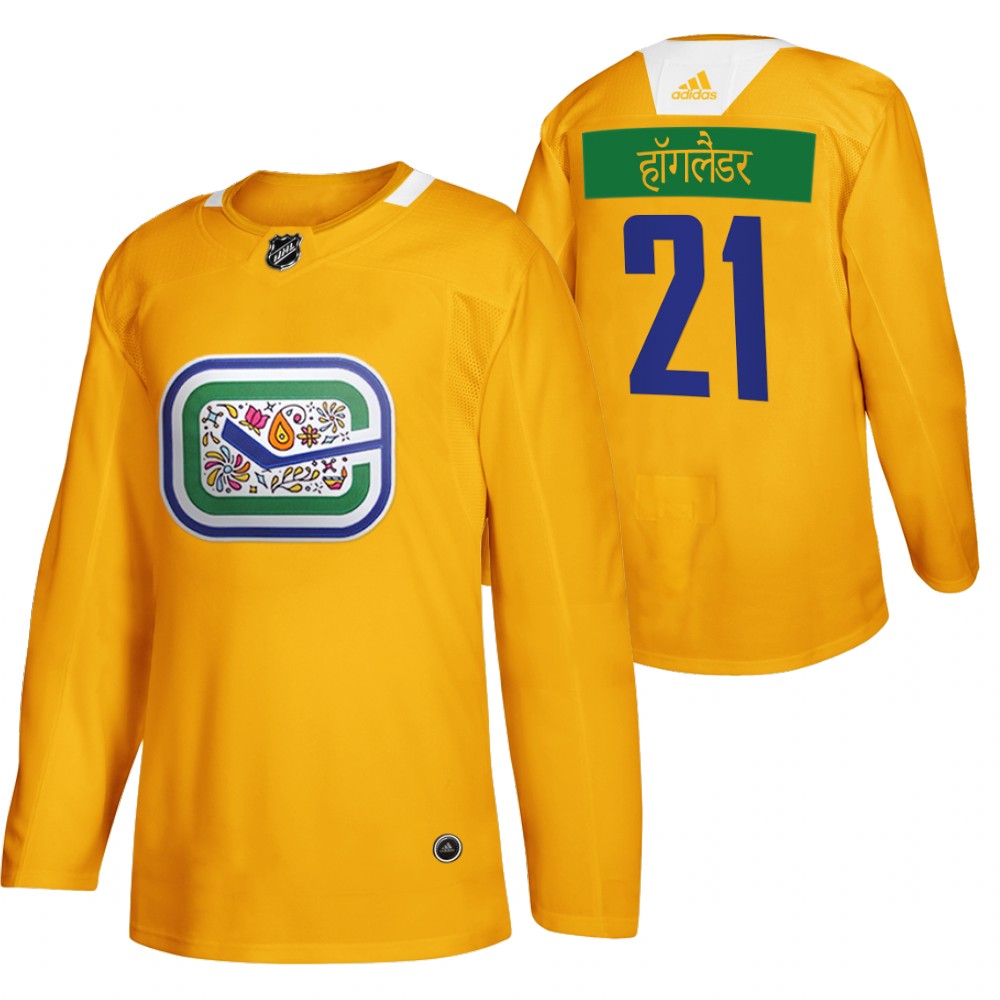 Vancouver Canucks Nils Hoglander Yellow Diwali Night Hindi Limited Jersey
