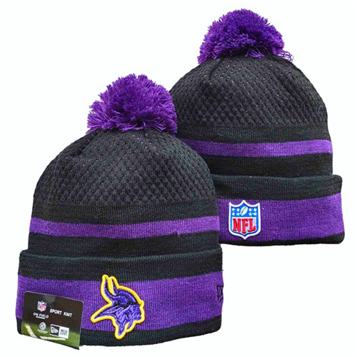 Vikings Team Logo Black And Purple Pom Cuffed Knit Hat YD