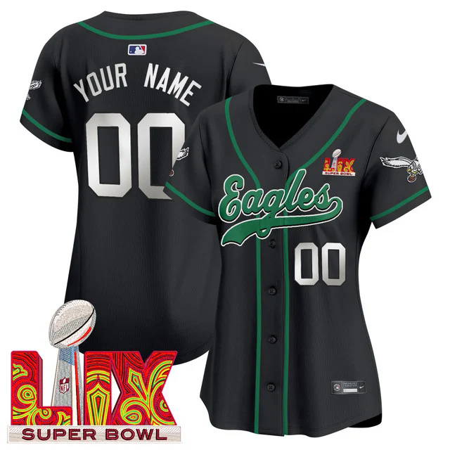 WOMEN'S Eagles Super Bowl LIX Patch Kelly Green Vapor Baseball Jersey BLACK CUSTOM #00.webp