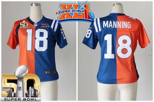 Women's  Nike Broncos #18 Peyton Manning Orange Blue Super Bowl XLI  Super Bowl 50 Stitched NFL Elite Split Colts Jersey