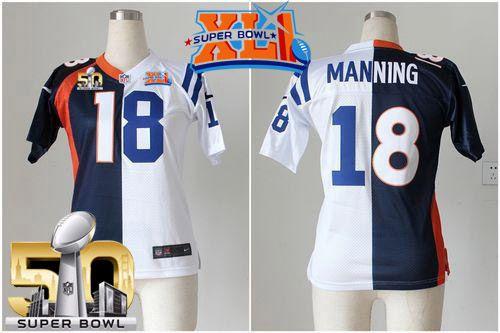 Women's  Nike Colts #18 Peyton Manning Blue White Super Bowl XLI & Super Bowl 50 Stitched NFL Elite Split Broncos Jersey