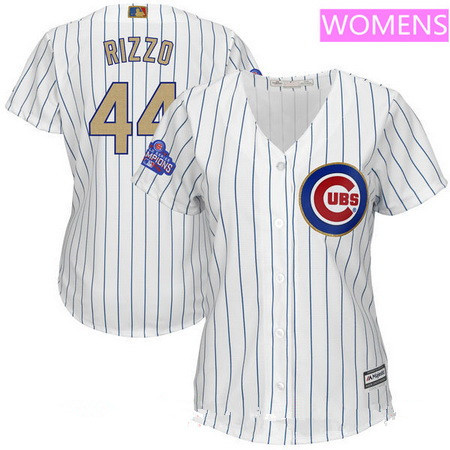 Women's Chicago Cubs #44 Anthony Rizzo White World Series Champions Gold Stitched MLB Majestic 2017 Cool Base Jersey的副本