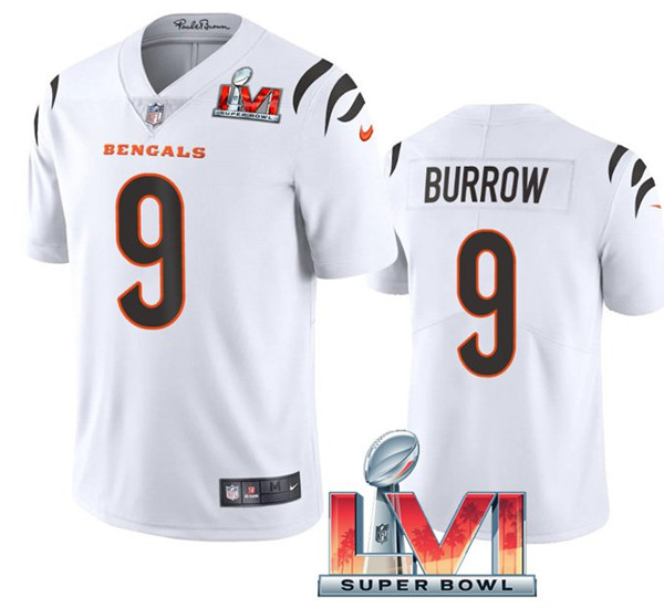 Women's Cincinnati Bengals #9 Joe Burrow 2022 White Super Bowl LVI Vapor Limited Stitched Jersey
