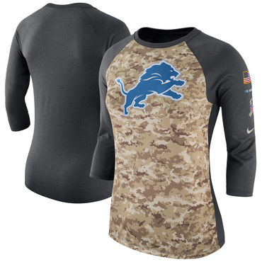 Women's Detroit Lions Nike Camo Charcoal Salute To Service Legend Three-Quarter Raglan Sleeve T Shirt