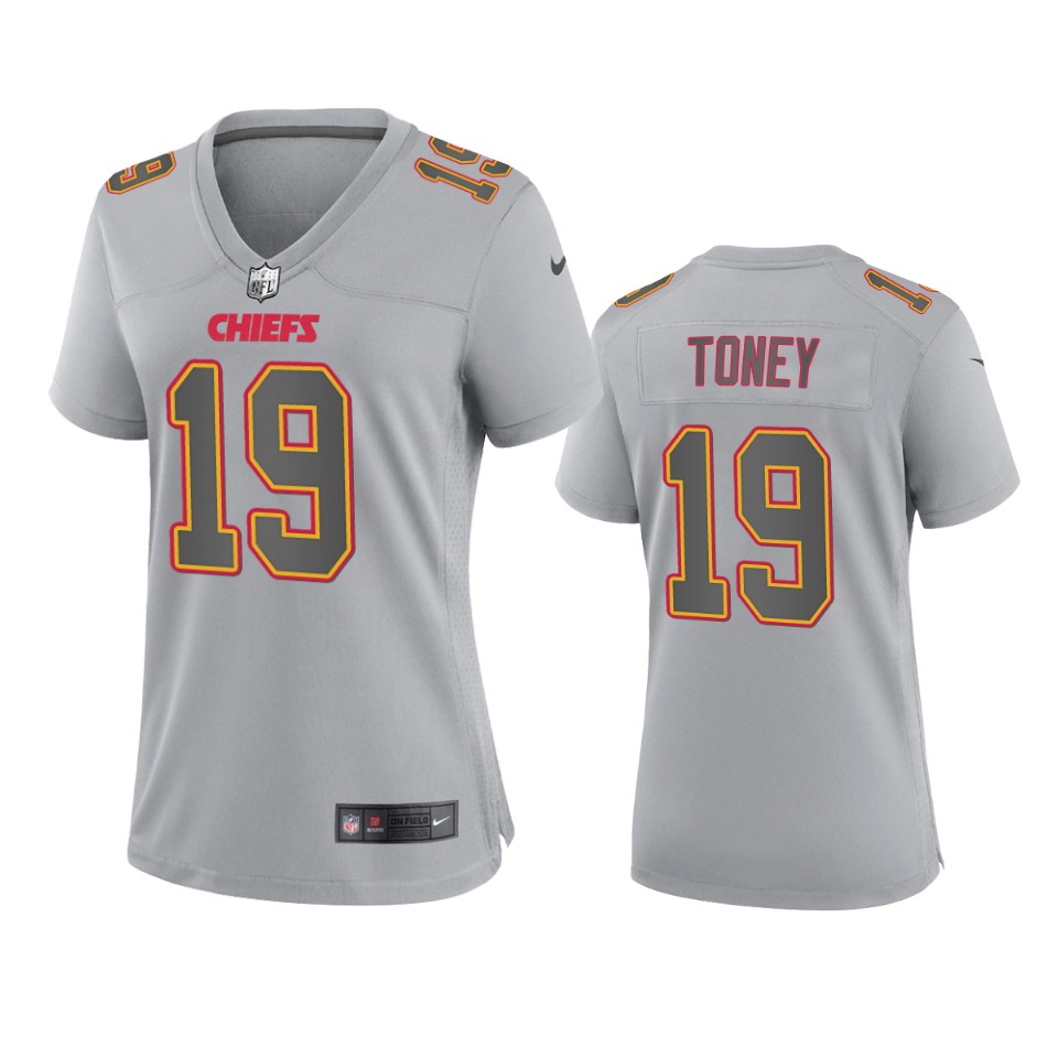 Women's Kansas City Chiefs #19 Kadarius Toney Gray Atmosphere Fashion Game Jersey