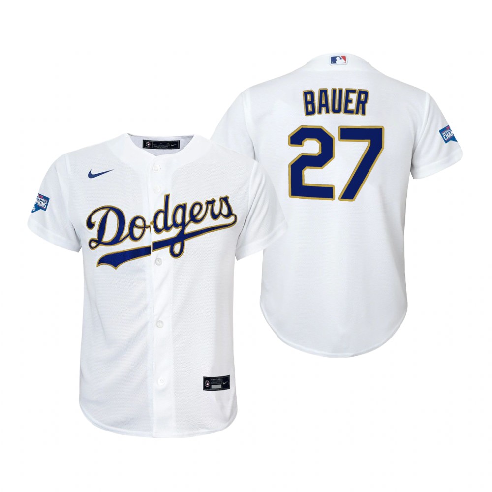 Women's Los Angeles Dodgers #27 Trevor Bauer Nike 2021 White Gold Championship Program Jersey1