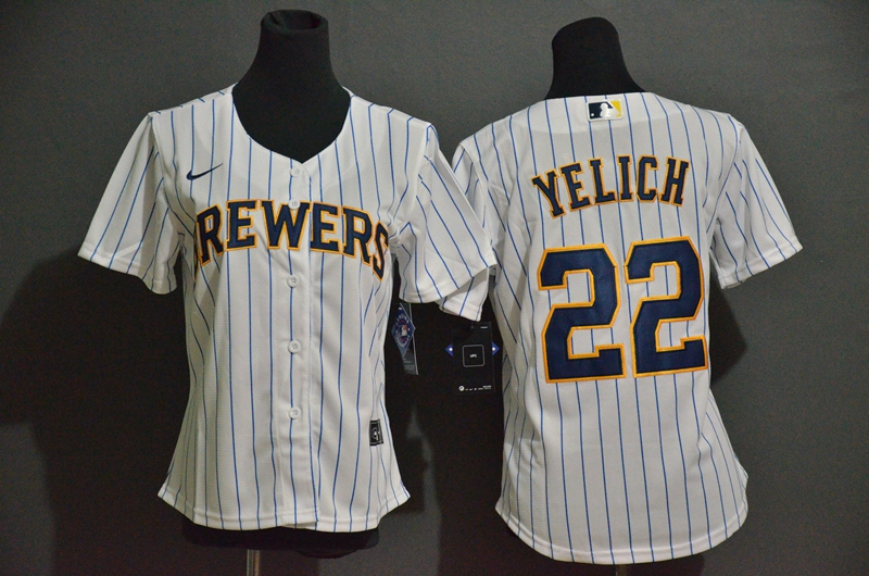 Women's Milwaukee Brewers #22 Christian Yelich White Stitched MLB Cool Base Nike Jersey的副本