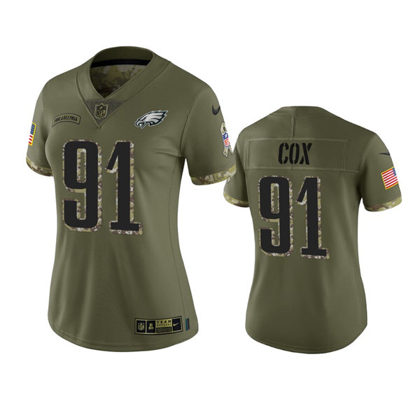 Women's Philadelphia Eagles #91 Fletcher Cox Olive 2022 Salute To Service Limited Jersey