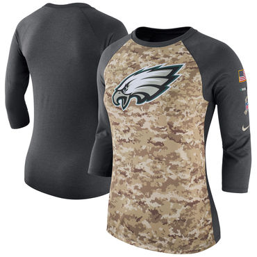 Women's Philadelphia Eagles Nike Camo Charcoal Salute To Service Legend Three-Quarter Raglan Sleeve T Shirt
